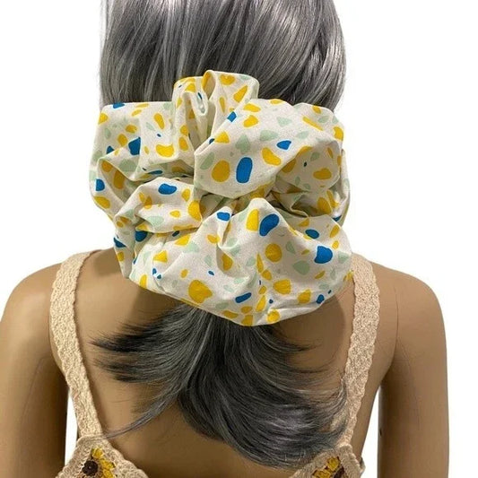 XXL Yellow and Blue Water Color Stains Print Cotton Scrunchie – Extra Large 100% Cotton Hair Accessory