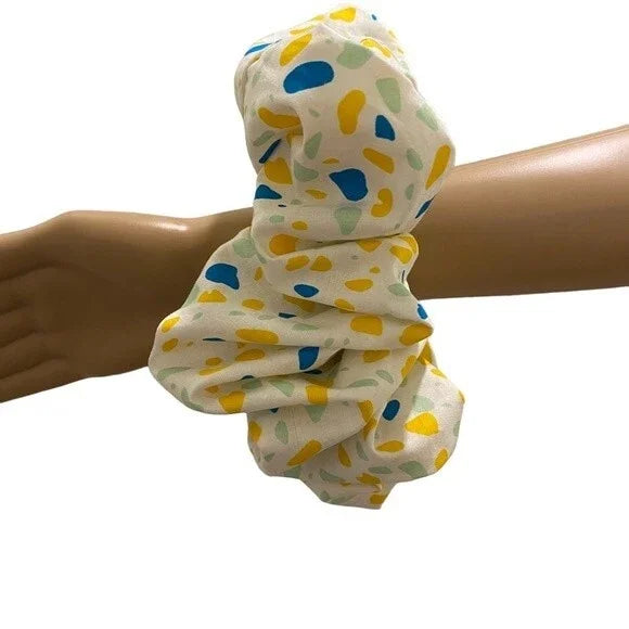 XXL Yellow and Blue Water Color Stains Print Cotton Scrunchie – Extra Large 100% Cotton Hair Accessory