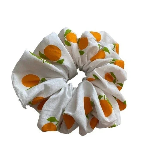 Hair Scrunchie. Multicolor. XL. Orange Fruit Print.