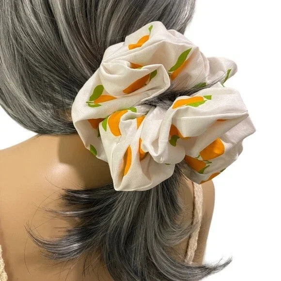 Hair Scrunchie. Multicolor. XL. Orange Fruit Print.