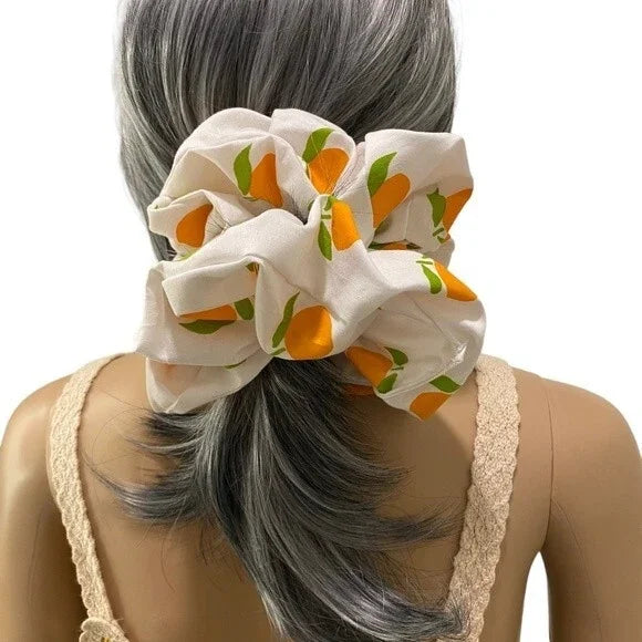 Hair Scrunchie. Multicolor. XL. Orange Fruit Print.