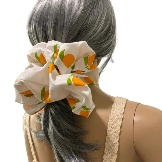 Hair Scrunchie. Multicolor. XL. Orange Fruit Print.