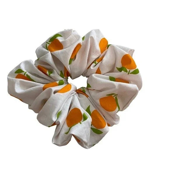 Hair Scrunchie. Multicolor. XL. Orange Fruit Print.