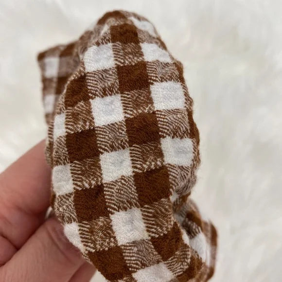 Medium Brown Gingham Scrunchie – 96% Polyester & 4% Spandex Hair Accessory for Ponytails & Buns