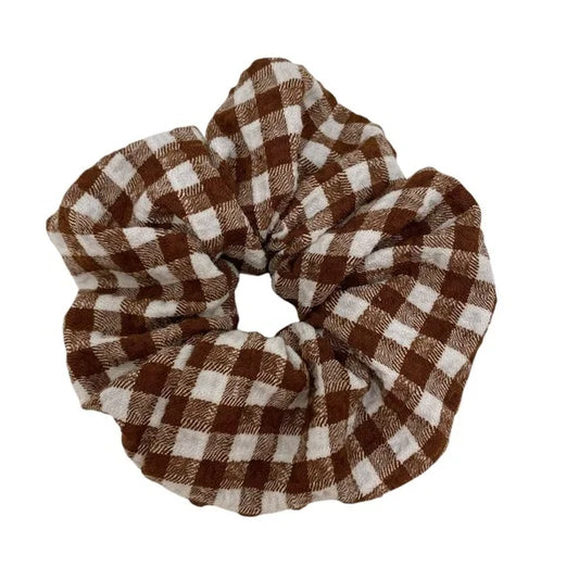 Medium Brown Gingham Scrunchie – 96% Polyester & 4% Spandex Hair Accessory for Ponytails & Buns