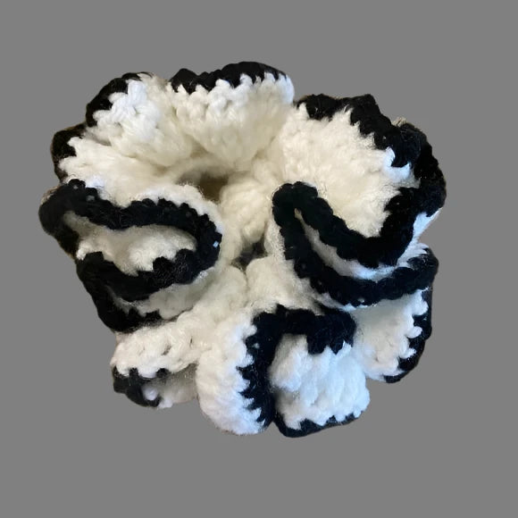 Women's Two Tone Crochet Ruffled Hair Scrunchie. White/Black. Medium
