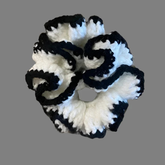 Women's Two Tone Crochet Ruffled Hair Scrunchie. White/Black. Medium