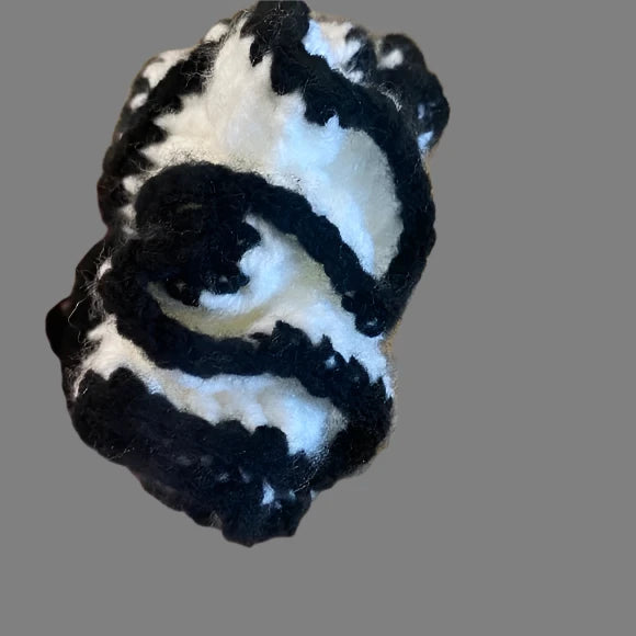Women's Two Tone Crochet Ruffled Hair Scrunchie. White/Black. Medium