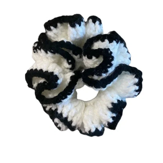 Women's Two Tone Crochet Ruffled Hair Scrunchie. White/Black. Medium