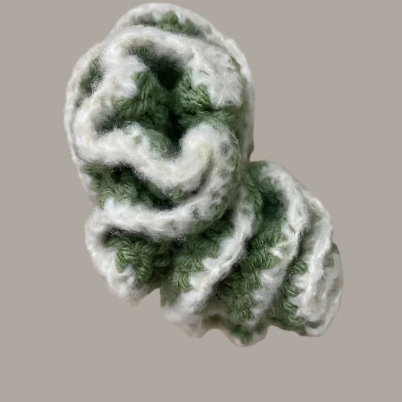 Women's Crochet Two Tone Ruffle Hair Scrunchie. Sage/White. Medium