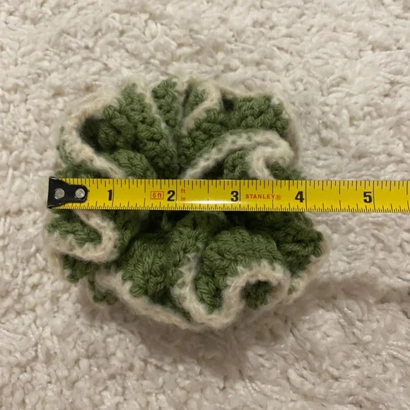Women's Crochet Two Tone Ruffle Hair Scrunchie. Sage/White. Medium