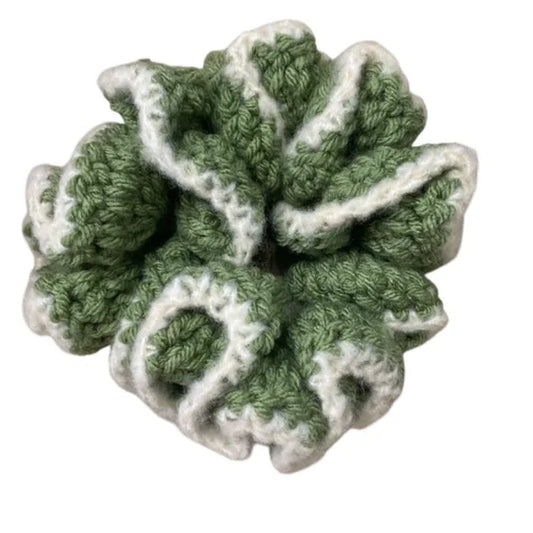 Women's Crochet Two Tone Ruffle Hair Scrunchie. Sage/White. Medium