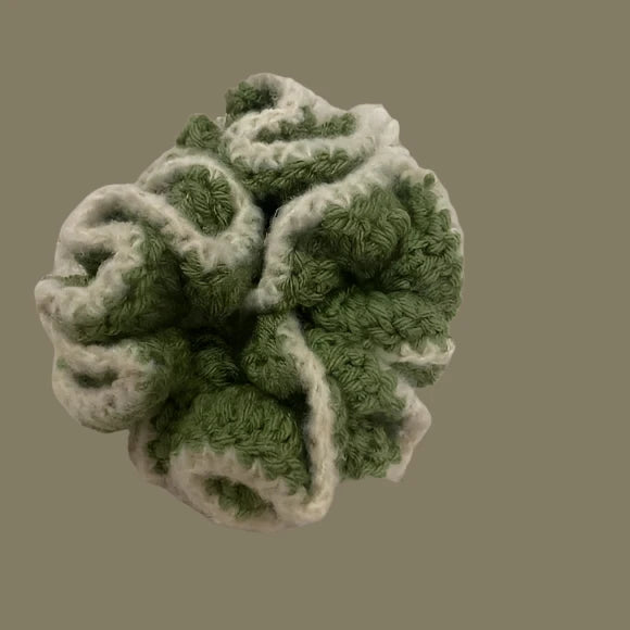 Women's Crochet Two Tone Ruffle Hair Scrunchie. Sage/White. Medium