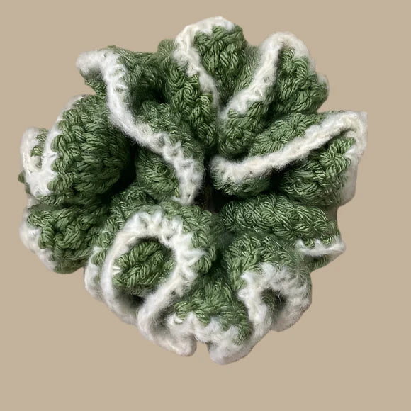 Women's Crochet Two Tone Ruffle Hair Scrunchie. Sage/White. Medium