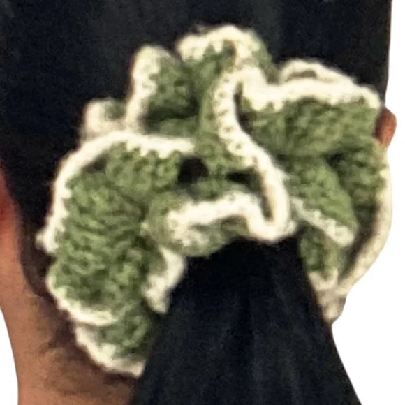 Women's Crochet Two Tone Ruffle Hair Scrunchie. Sage/White. Medium
