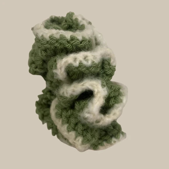 Women's Crochet Two Tone Ruffle Hair Scrunchie. Sage/White. Medium