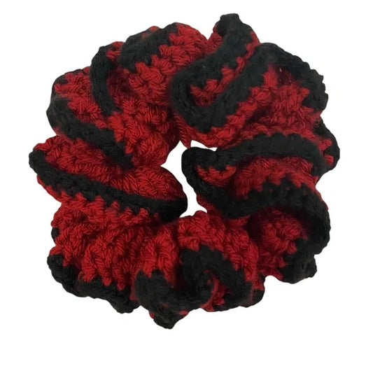 Two Tone Ruffled Crochet Hair Scrunchie. Red/Black. Medium