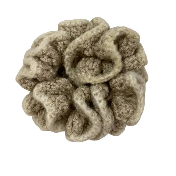Women's Two-Tone Ruffled Crochet Hair Scrunchie. Beige/Cream. XL