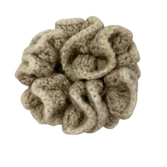 Women's Two-Tone Ruffled Crochet Hair Scrunchie. Beige/Cream. XL